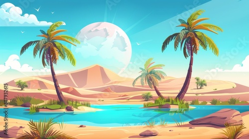 A palm tree in the desert oasis of egypt in summer. Cartoon lake with water and green grass on the dune of dubai. African heat panoramic scene. Game season wallpaper image.