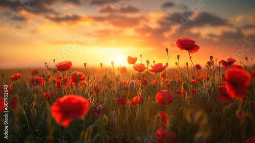 The ethereal beauty of a sunset over a field of poppies  the vibrant red flowers standing out against the golden backdrop of the sky.