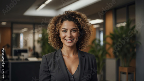 Bella donna con capelli biondi ricci sorride in un moderno ufficio con abito elegante