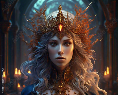 fantasy blond queen with a splendent golden crown in ancient castle with candles. 