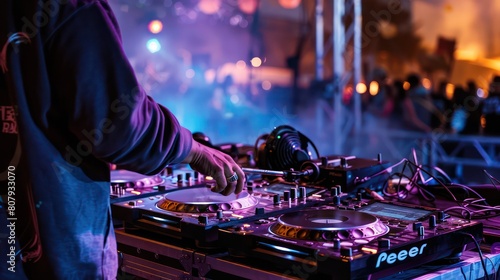 DJ playing in front of an audience at the club, surrounded by vibrant lights and smoke machine effects