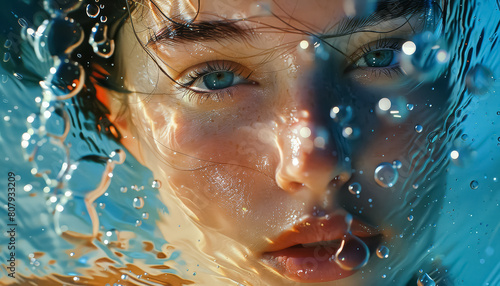 A woman's face is shown in a pool of water, with her eyes closed