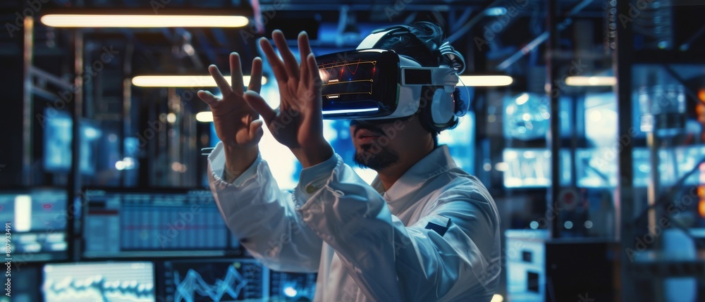 A 3D content creator wearing a professional VR headset works and gestures in Augmented Reality. Stylish low angle portrait shot. A 3D content creator wearing a professional VR headset works and gestures in Augmented Reality. Stylish low angle portrait shot.