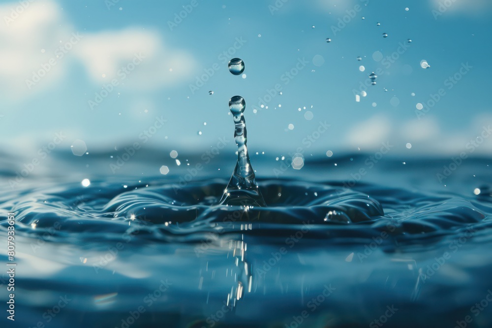water drop falling on water surface with light blue sky water drop falling on water surface with light blue sky