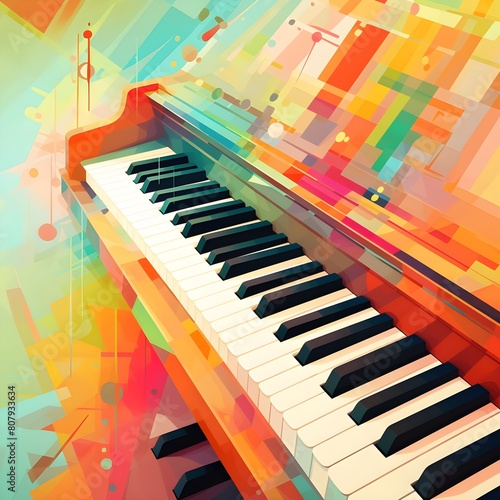 an abstract image of a grand piano that is colorful and bright. Abstract colorful paino keyboard keys as wallpaper background illustration