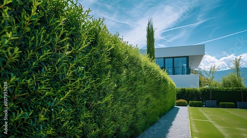 thuja occidentalis emerald hedge, hedge long and uniform, very healthy, in modern garden, modern white house photo