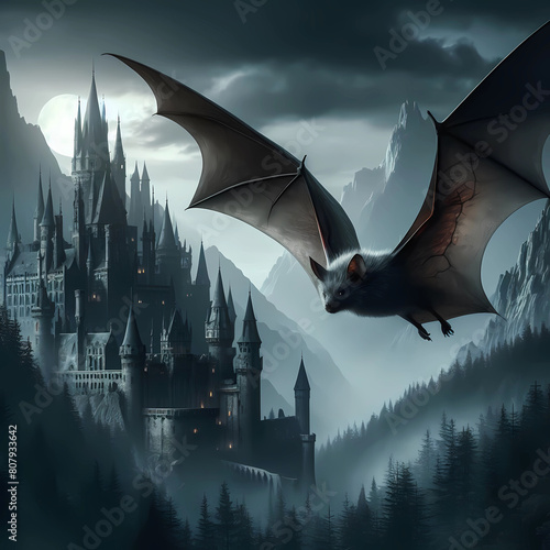 spooky castle bat flying high