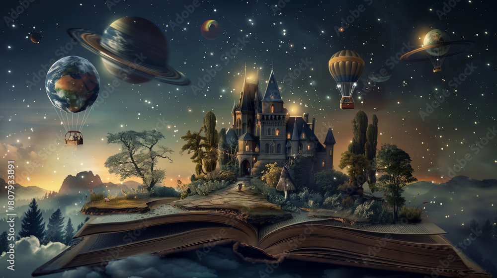 Fantasy Storybook Scene with Castle and Planets