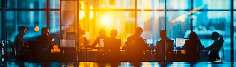 Silhouettes of people working in a brightly lit office, blurred edges Silhouettes of people working in a brightly lit office, blurred edges