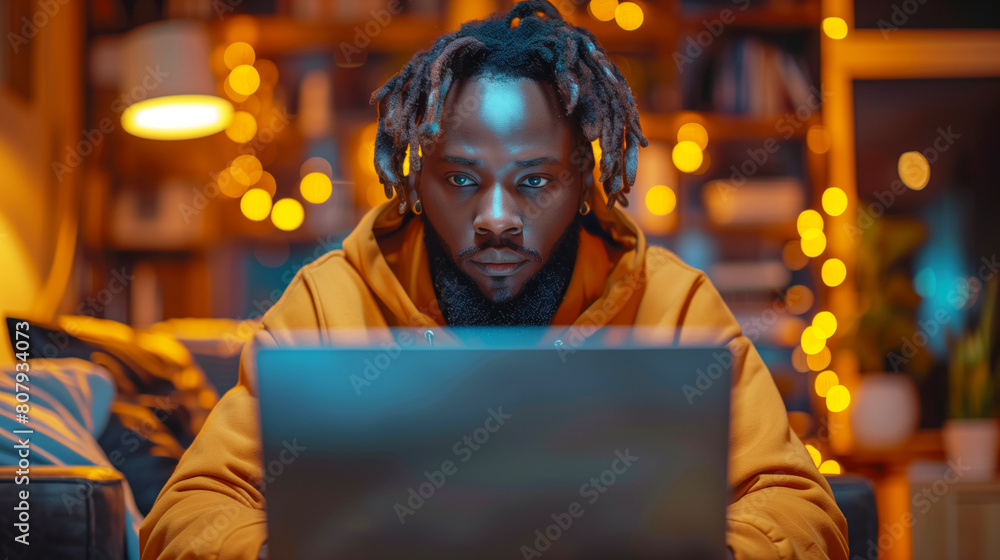 A man wearing a yellow hoodie is sitting in front of a laptop. He is looking at the screen with a serious expression. black man using laptop computer and virtual touch screen