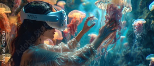 Wearing an augmented reality headset  a female artist makes an abstract 3D jellyfish sculpture using joysticks and gestures to create high-tech concept art.3D animation special effects.