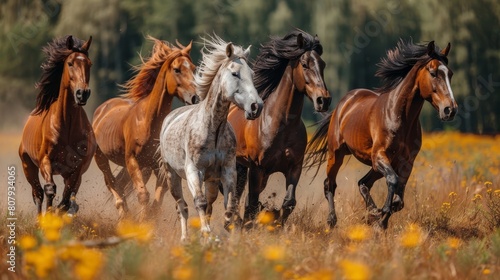 Craft an image of horses galloping outside