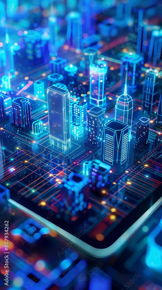 Three dimensional tablet depicting a smart city on a blue background, with buildings and roads holograms glowing within the screen, in the style of a futuristic technological concept, high resolution 