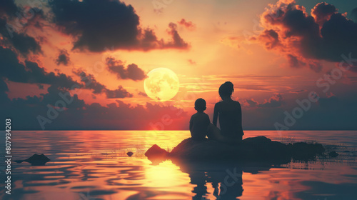 The quiet moment of reflection shared between a mother and her child as they watch the sunset together.