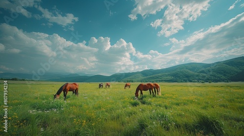Craft an image of horses grazing peacefully outside