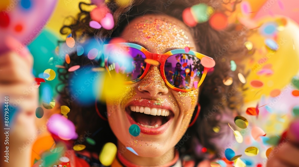 A vibrant and colorful scene depicts a happy woman with confetti, wearing sunglasses and smiling at the camera during a carnival party A vibrant and colorful scene depicts a happy woman with confetti, wearing sunglasses and smiling at the camera during a carnival party