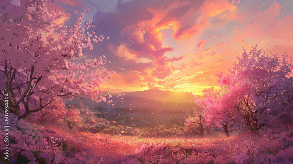 Obraz premium The serene beauty of a sunset over a field of delicate cherry blossoms, the sky ablaze with hues of pink and orange.