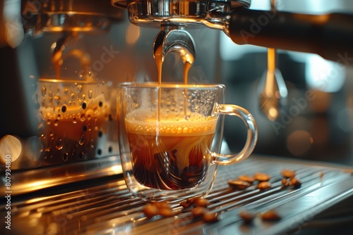 White coffee machine preparing latte coffee in a transparent cup in the kitchen