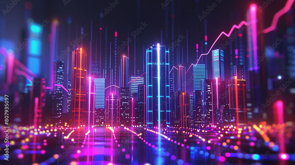 Futuristic City Skyline with Digital Financial Graphs Futuristic City Skyline with Digital Financial Graphs