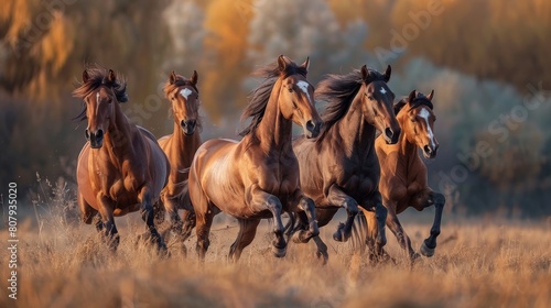 Craft an image of majestic horses galloping freely in the wild