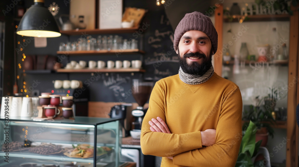 A man in a yellow sweater stands in front of a counter with a smile on his face in a coffee shop. Proud coffee shop owner standing in front of his cafe, confident entrepreneur, small business owner A man in a yellow sweater stands in front of a counter with a smile on his face in a coffee shop. Proud coffee shop owner standing in front of his cafe, confident entrepreneur, small business owner