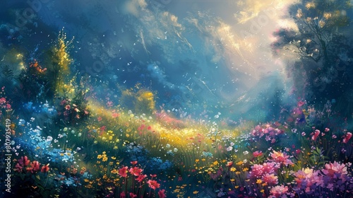 Craft an image of paradise where angelic creatures frolic among fields of blooming flowers