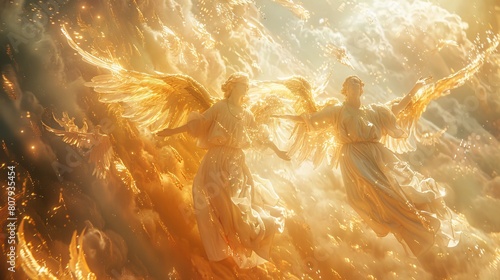 Craft an image of paradise where angelic figures descend from the heavens photo