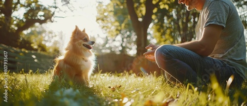 A handsome man plays with a cute little Pomeranian dog in a suburban backyard, training and teaching tricks and commands to the pooch. Sunny day with green grass. photo