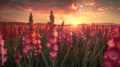 The sublime beauty of a sunset over a field of gladiolus flowers, their tall spikes reaching toward the sky as if bidding farewell to the sun.