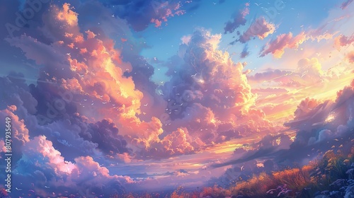 Craft an image of paradise where artists gather to paint the ever-changing cloudscape photo