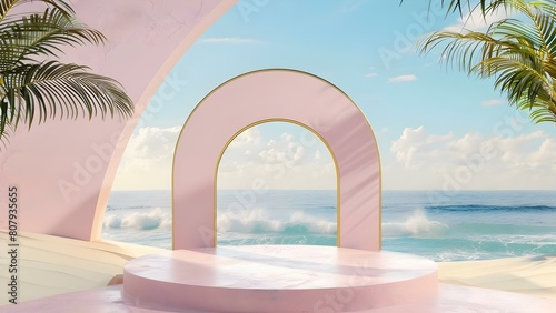 3D podium with ocean view gold gate and pastel background for product promotion. Concept Product Promotion, 3D Design, Ocean View, Gold Gate, Pastel Background