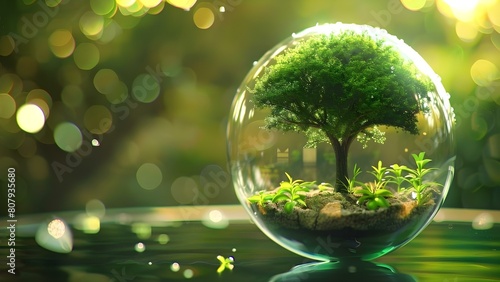 Green tree in glass globe with blurred nature background Earth Day concept. Concept Earth Day, Nature Conservation, Green Trees, Environmental Protection, Globe Symbolism