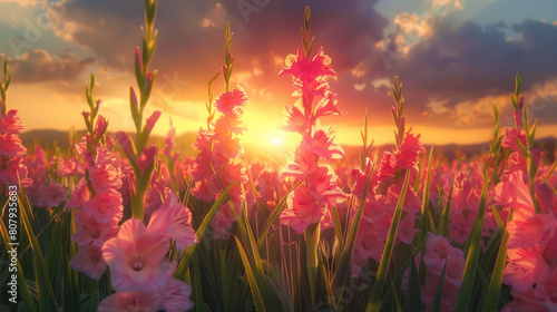 The sublime beauty of a sunset over a field of gladiolus flowers  their tall spikes reaching toward the sky as if bidding farewell to the sun.