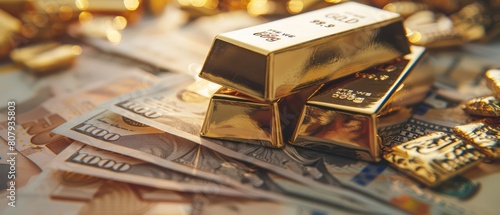 Gold bars over banknotes background