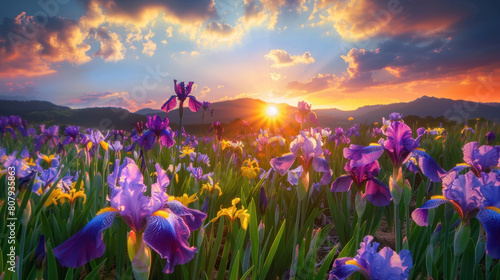 The sublime beauty of a sunset over a field of iris flowers, their vibrant hues of purple, blue, and yellow creating a mesmerizing spectacle. photo