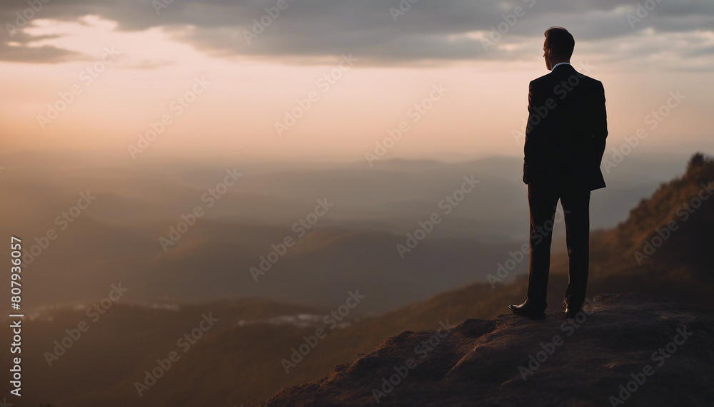 silhouette of a businessman in a suit standing on a high mountain peak 
