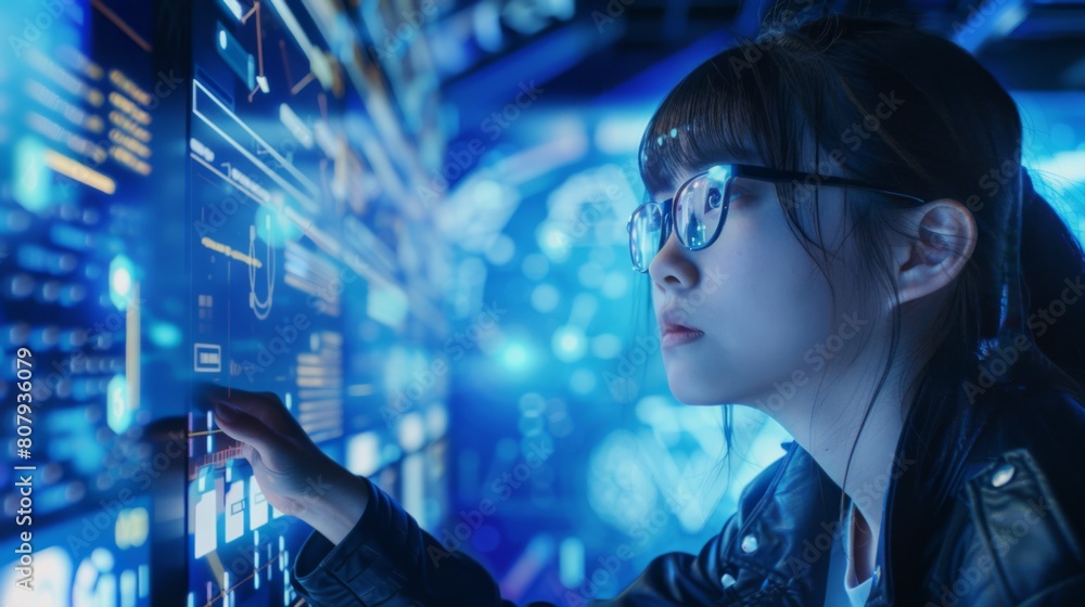  A young Asian woman wearing glasses is looking at the screen of an AI data center, surrounded by blue lights and code patterns