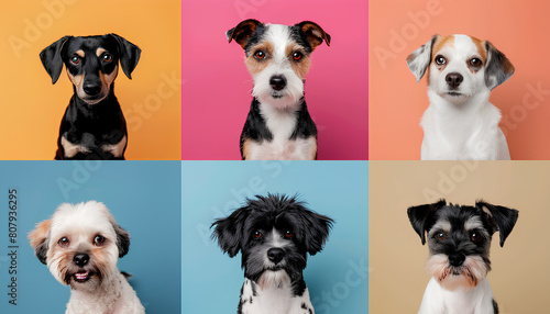 Collage with different dogs on color background