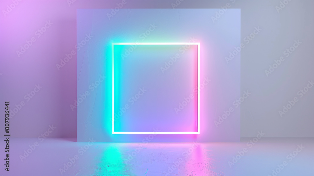 Neon Square Frame on a Reflective Surface