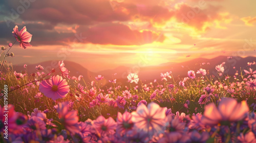 The tranquil beauty of a sunset over a field of cosmos flowers  their delicate petals tinged with shades of pink  purple  and white.