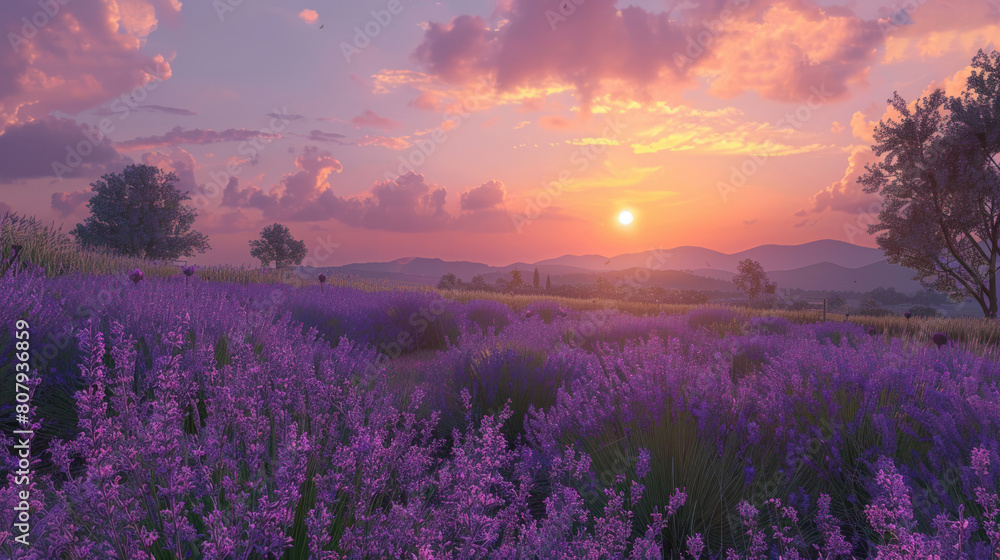 Fototapeta premium The tranquil beauty of a sunset over a field of lavender, the air filled with the sweet scent of blooming flowers as the day comes to a close.