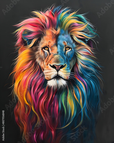 A portrait of a lion colored in a variety of vibrant colors