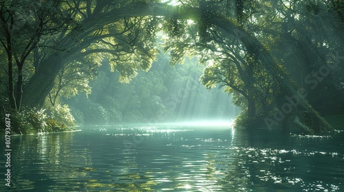 A tranquil river winding its way through a verdant forest  with sunlight dappling the water s surface through the canopy above 8k wallpaper