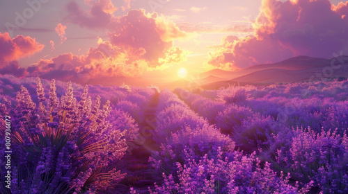 The tranquil beauty of a sunset over a field of lavender  the air filled with the sweet scent of blooming flowers as the day comes to a close.