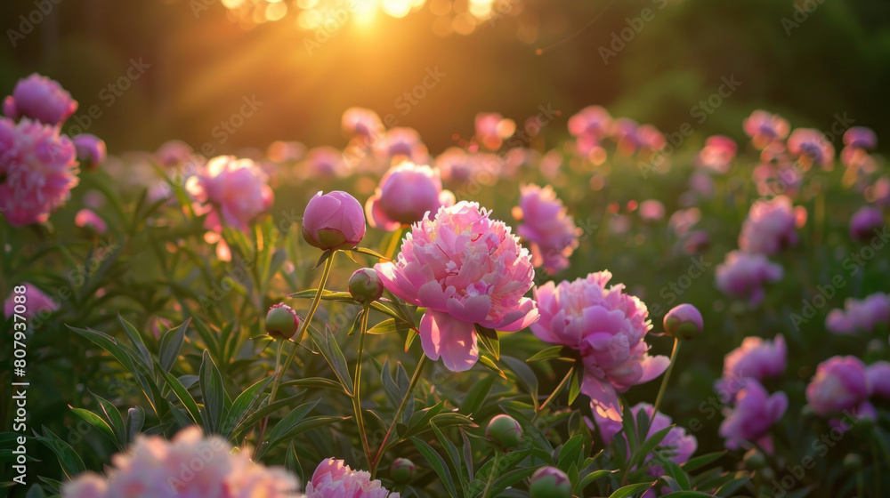 The tranquil beauty of a sunset over a field of peonies, their lush blooms casting long shadows in the fading light of day. The tranquil beauty of a sunset over a field of peonies, their lush blooms casting long shadows in the fading light of day.