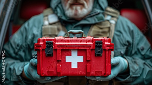 Person offering a large red first aid box with a white cross.