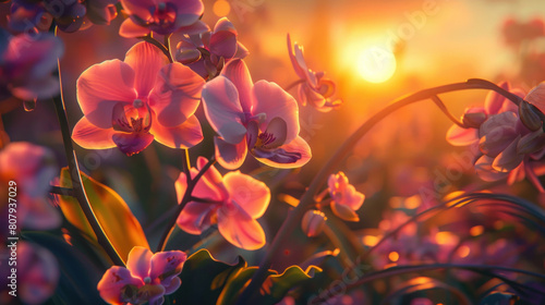 The tranquil beauty of a sunset over a field of orchids  their exotic blooms bathed in the soft  ethereal light of evening.