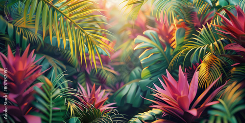 Tropical fantastic vegetation  plain colors  multicolor. Generative AI.