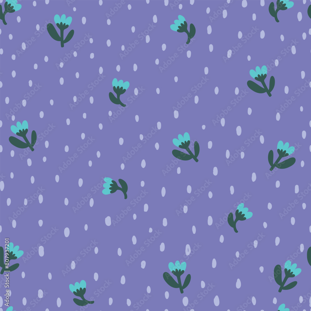 Small  flowers with dots on purple backround, seamless pattern.