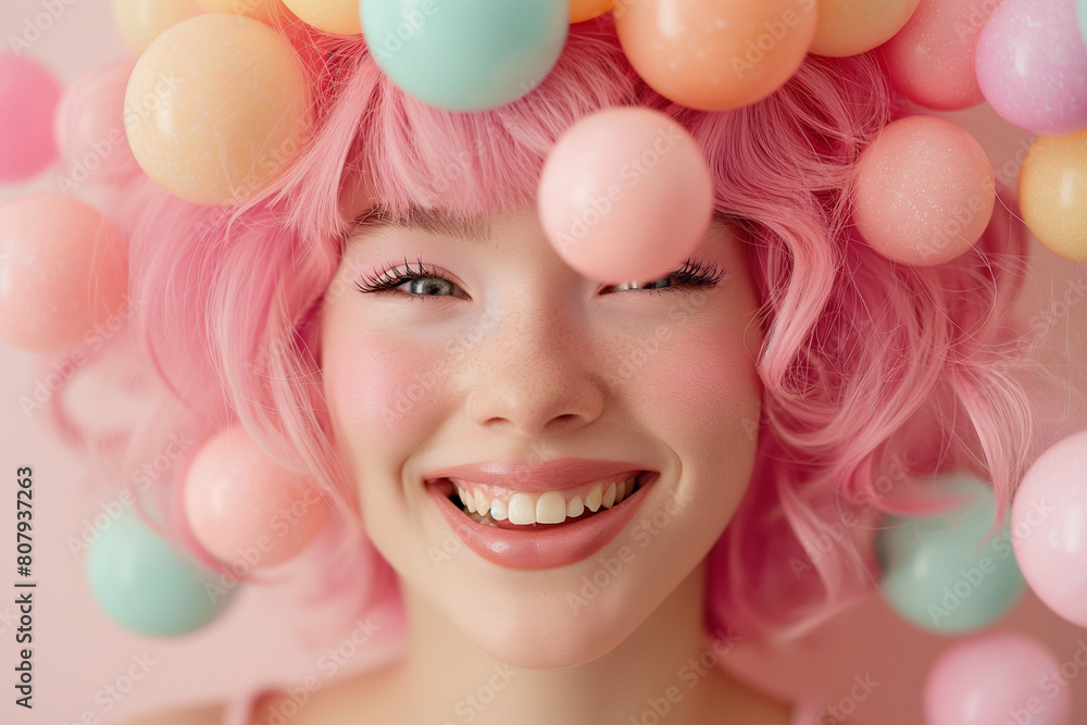 Happy laughing woman with pink hair and colorful bubbles around the face against a minimal background. Minimal party concept.